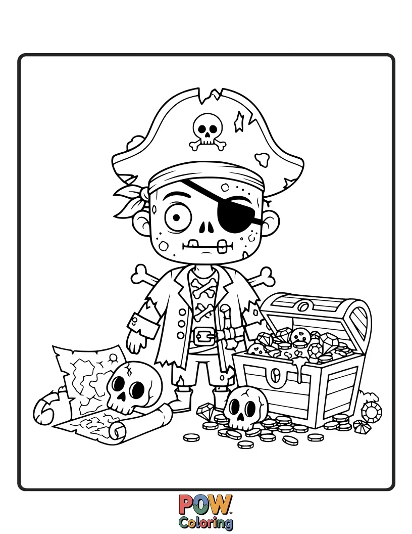 Free coloring page of A zombie pirate digging for treasure, finding only a pile of shiny buttons.