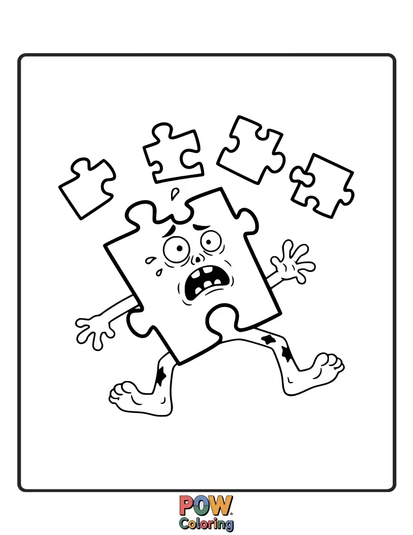 Free coloring page of A zombie surrounded by puzzle pieces, trying to fit one into a non-existent space.