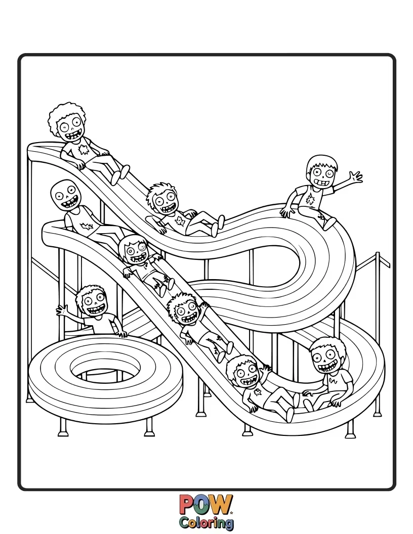 Free coloring page of A zombie sliding down a giant, colorful rainbow with a look of pure joy.