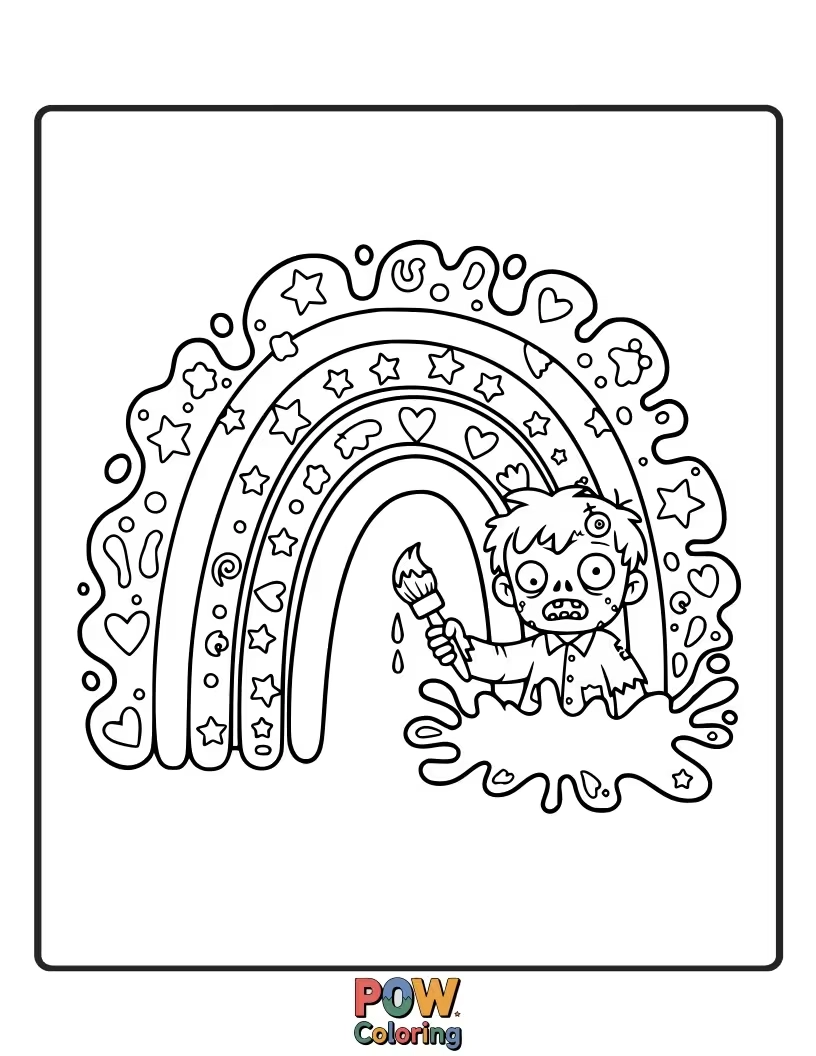 Free coloring page of A zombie splattered with vibrant paint, looking surprisingly cheerful and artistic.