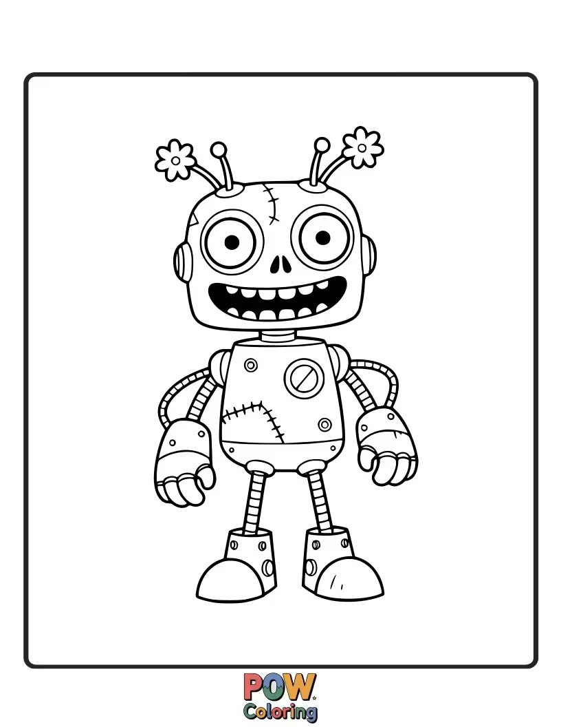 Free coloring page of A zombie happily sharing a bolt with a small, friendly robot.
