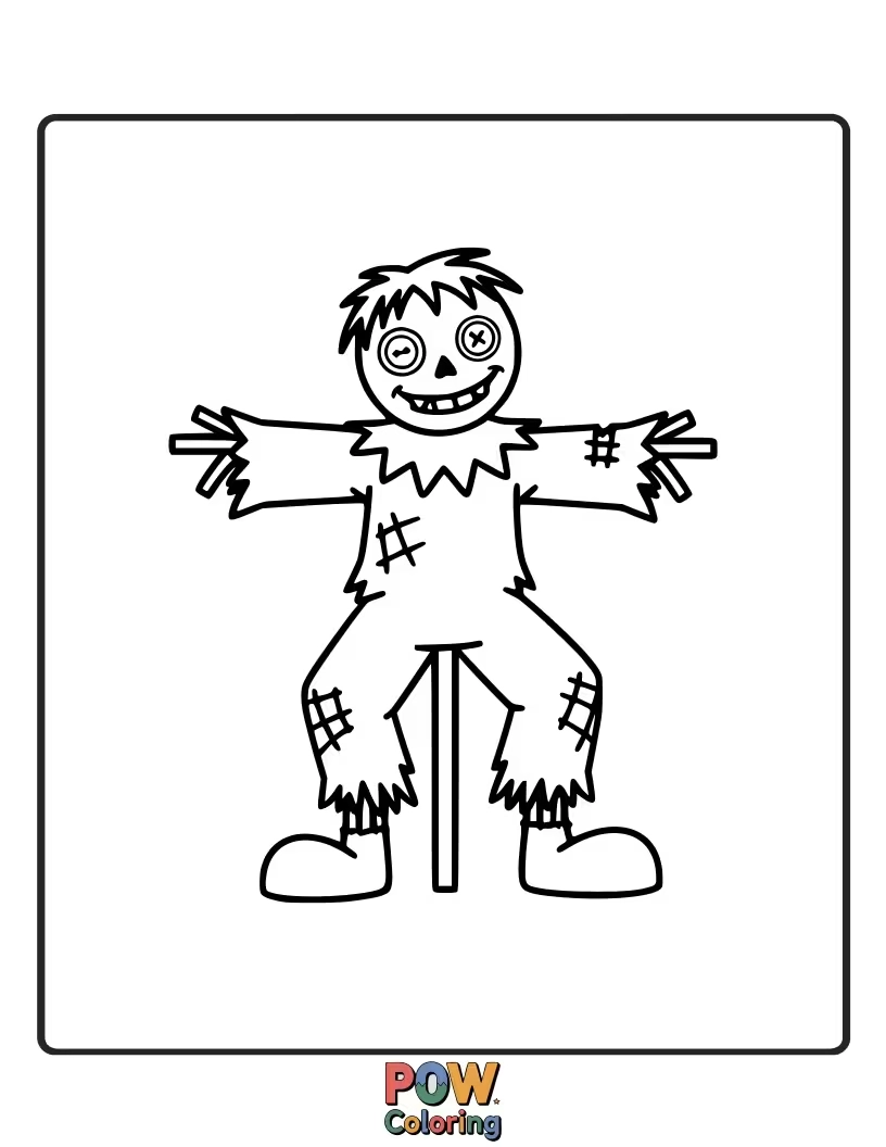 Free coloring page of A zombie standing next to a friendly scarecrow, both wearing silly hats.