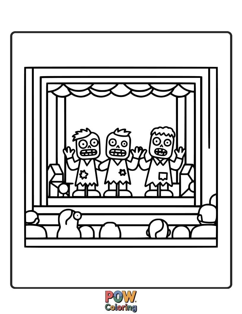 Free coloring page of A zombie putting on a sock puppet show with its own socked feet.