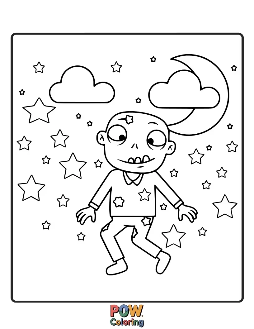 Free coloring page of A zombie was gazing at a starry clouds and stars at night.