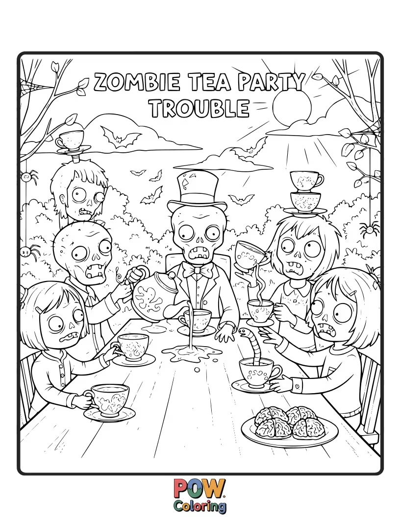 Free coloring page of A zombie sipping tea with a broken teacup and spilled jam, looking slightly bewildered.