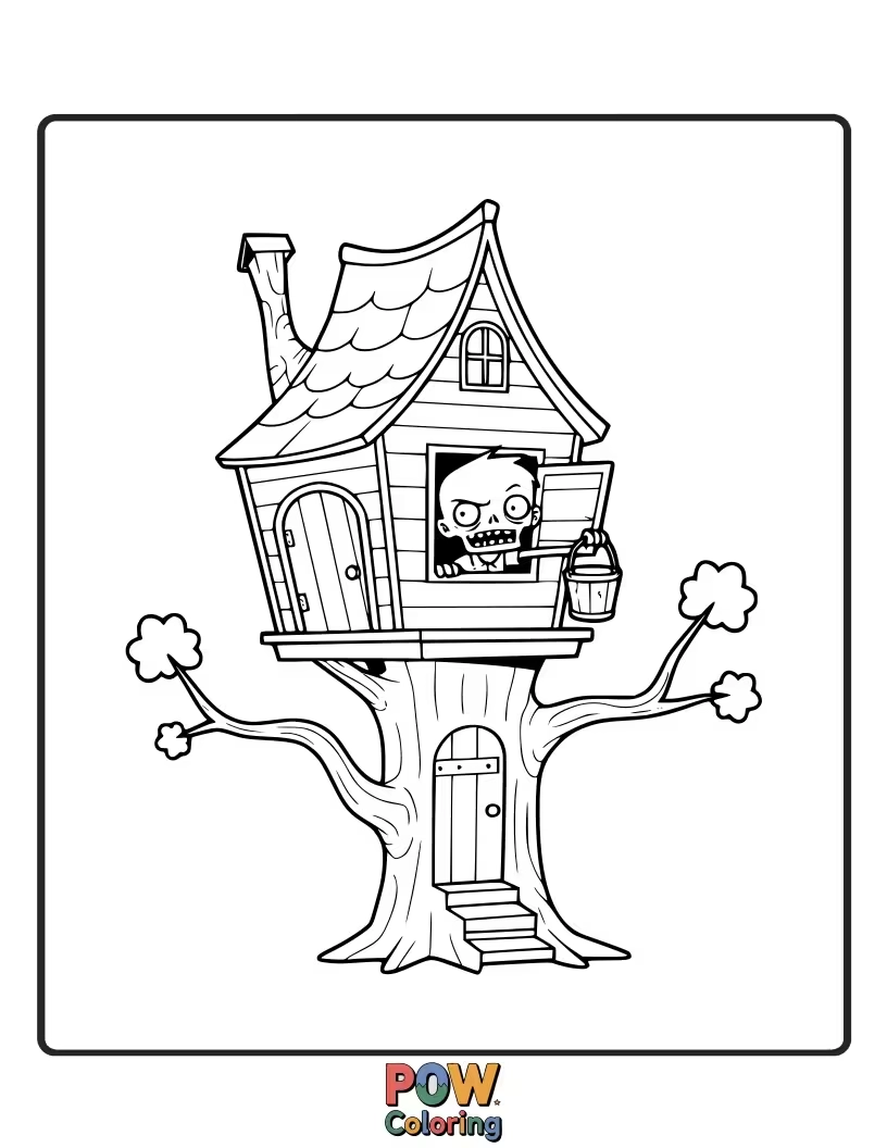Free coloring page of A zombie peeking out of a wonky treehouse, waving hello.