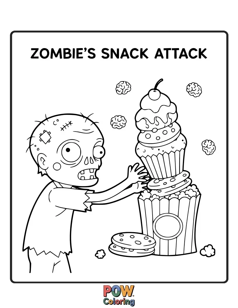 Free coloring page of A clumsy zombie tries to eat a donut but keeps missing, a delightful mess!