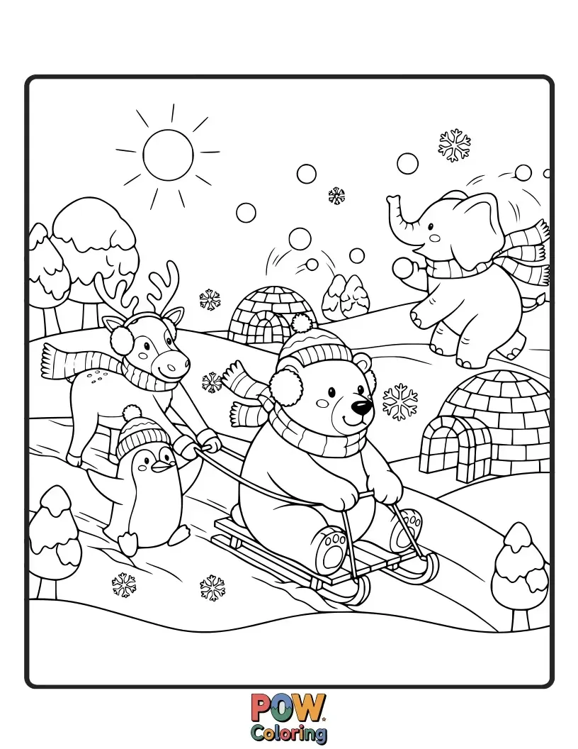 Free coloring page of A cheerful polar bear and a playful penguin sharing a snowy landscape, ready for frosty fun.