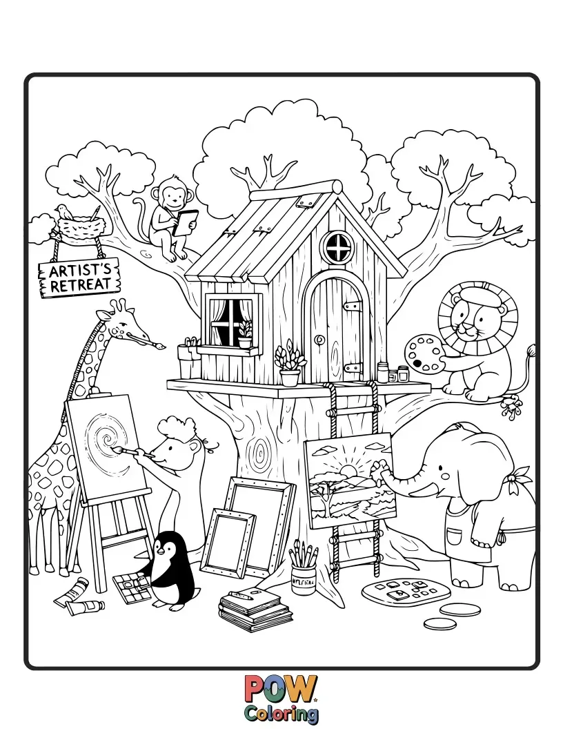 Free coloring page of A creative penguin painting a masterpiece and an inspired toucan watching in awe.