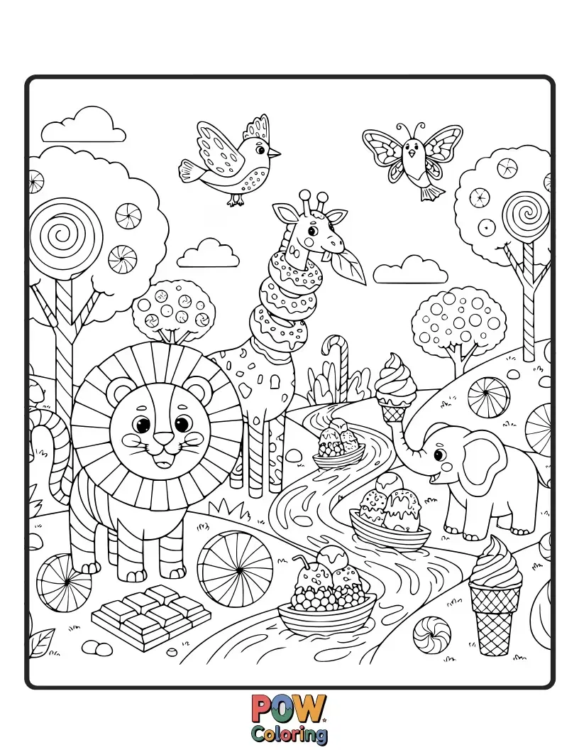 Free coloring page of Sweet elephants and giggling giraffes enjoying lollipops and gummy bears in a sugary wonderland.
