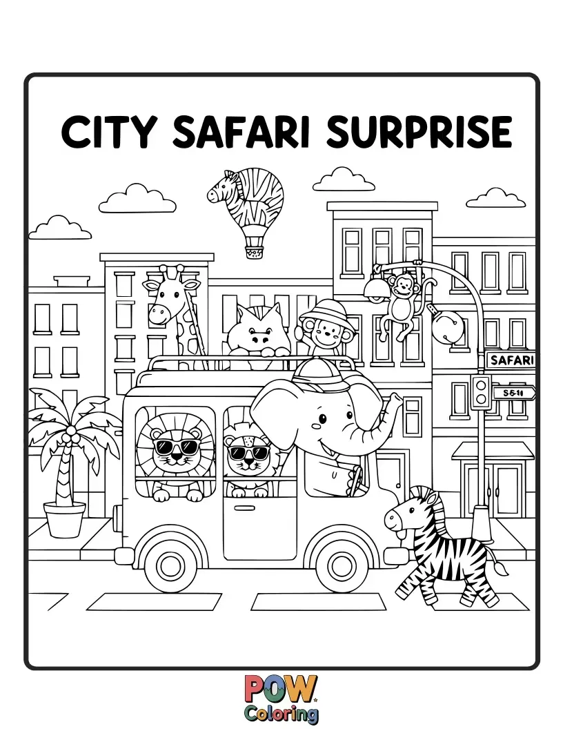 Free coloring page of A surprising peacock strutting alongside a curious fox near some whimsical city elements.