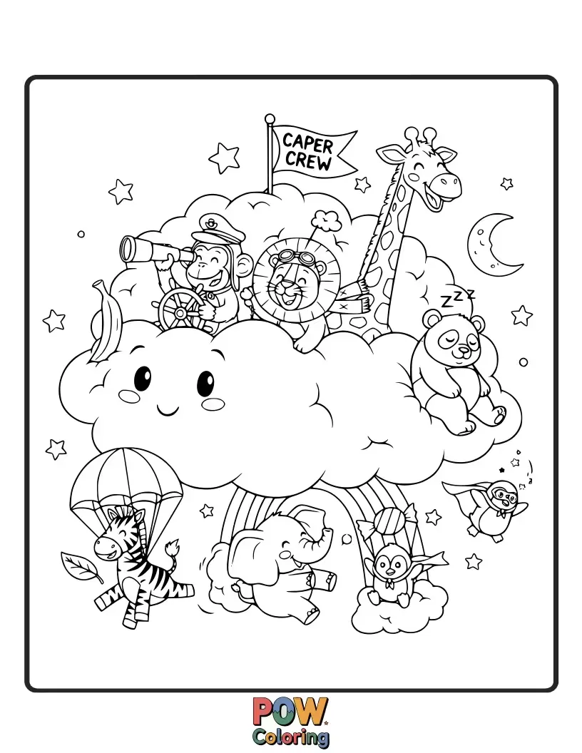 Free coloring page of Fluffy sheep and flying elephants having a delightful romp among soft, puffy clouds.