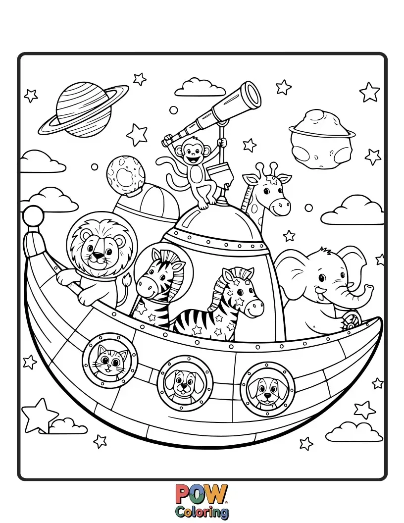 Free coloring page of A cool astronaut monkey and a starry-eyed alien dog exploring outer space together.