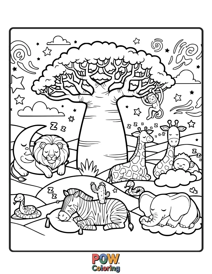 Free coloring page of A cool camel and a wise owl basking under the warm desert sun, finding shade.