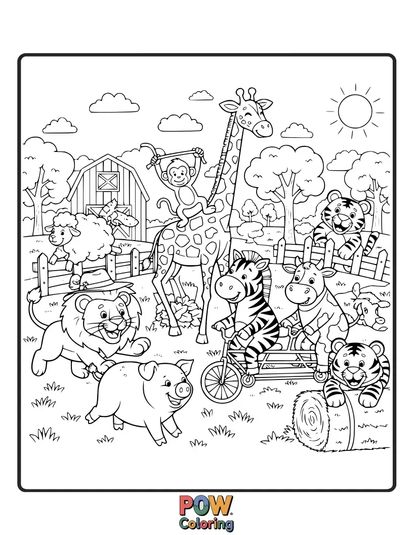 Free coloring page of A friendly pig and a curious chicken exploring a charming, rustic farm setting with glee.