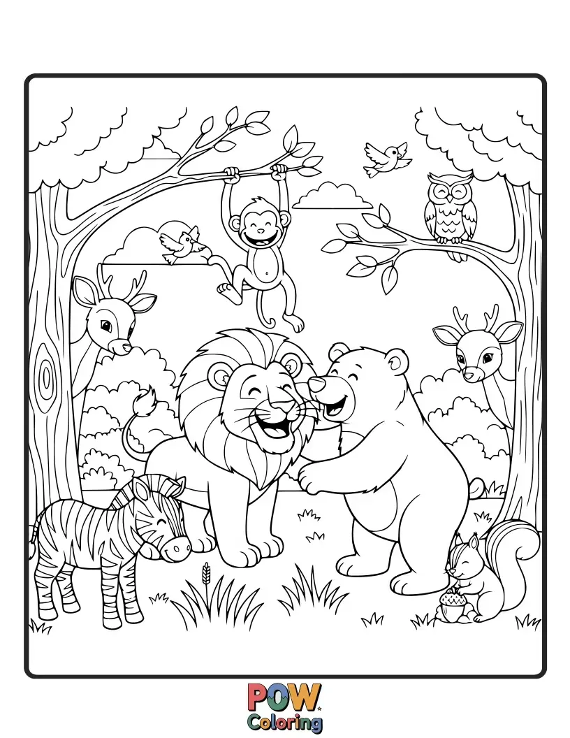 Free coloring page of A cuddly bear and a busy squirrel gathering nuts in a cozy, dappled forest.