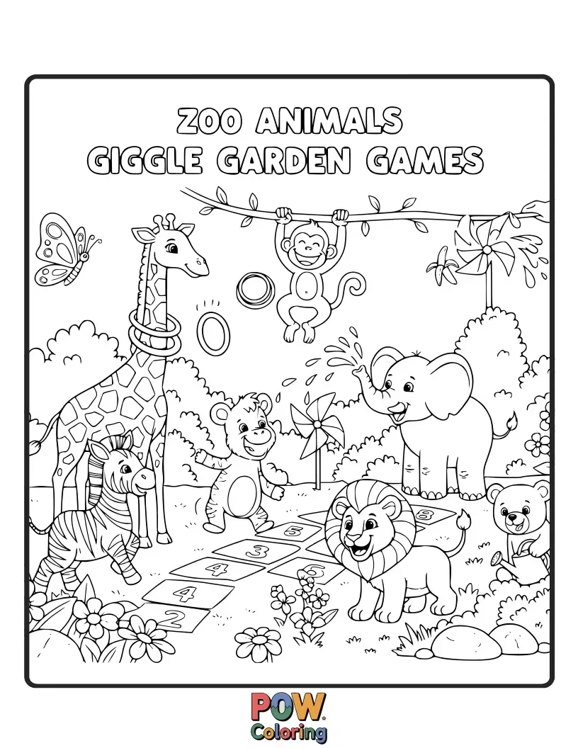 Free coloring page of Playful monkeys and silly sloths engaging in hilarious games amidst blooming, whimsical flowers.