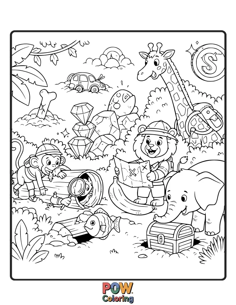Free coloring page of A cunning fox and a diligent badger searching for sparkling gems in a secret cave.