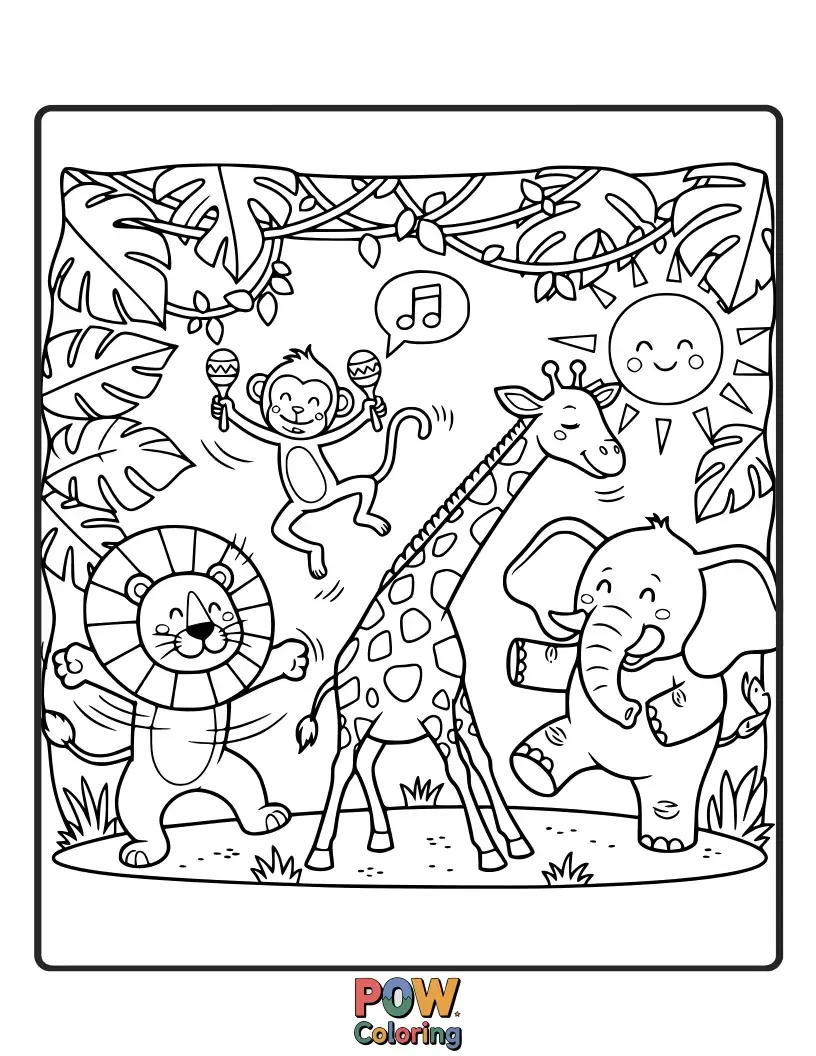 Free coloring page of Mischievous monkeys and graceful giraffes having a wild, musical time in the lush jungle setting.