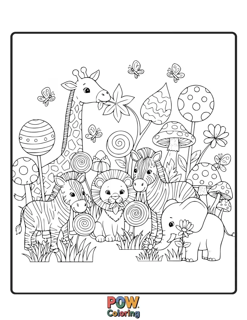 Free coloring page of A happy bunny and a graceful deer nibbling on glowing flowers in an enchanted meadow.