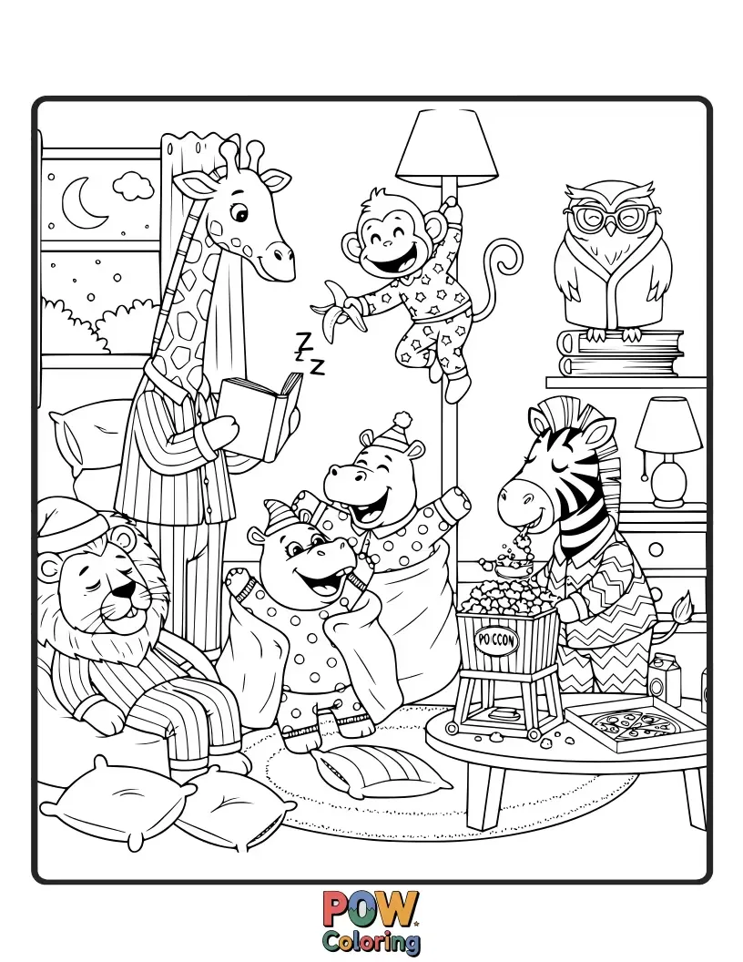 Free coloring page of Cozy pandas and sleepy sloths enjoying a fun sleepover with popcorn and bedtime stories.