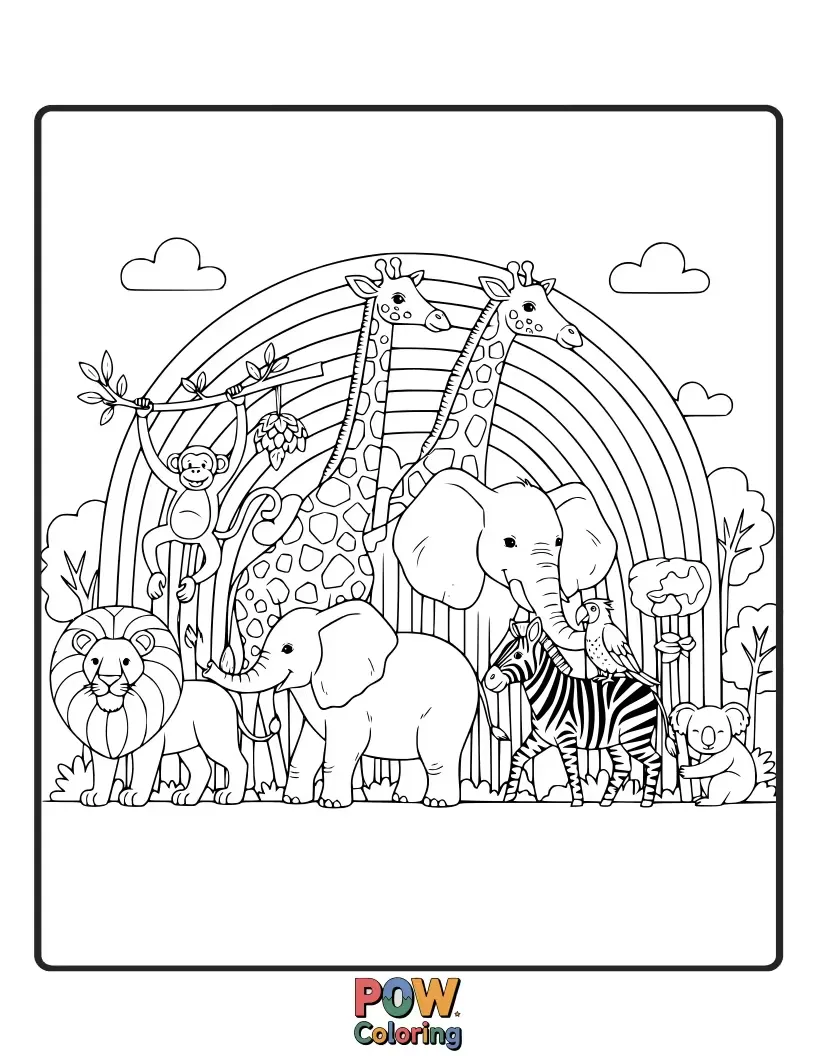 Free coloring page of A vibrant chameleon and a happy hedgehog playing amongst a beautiful, arching rainbow.