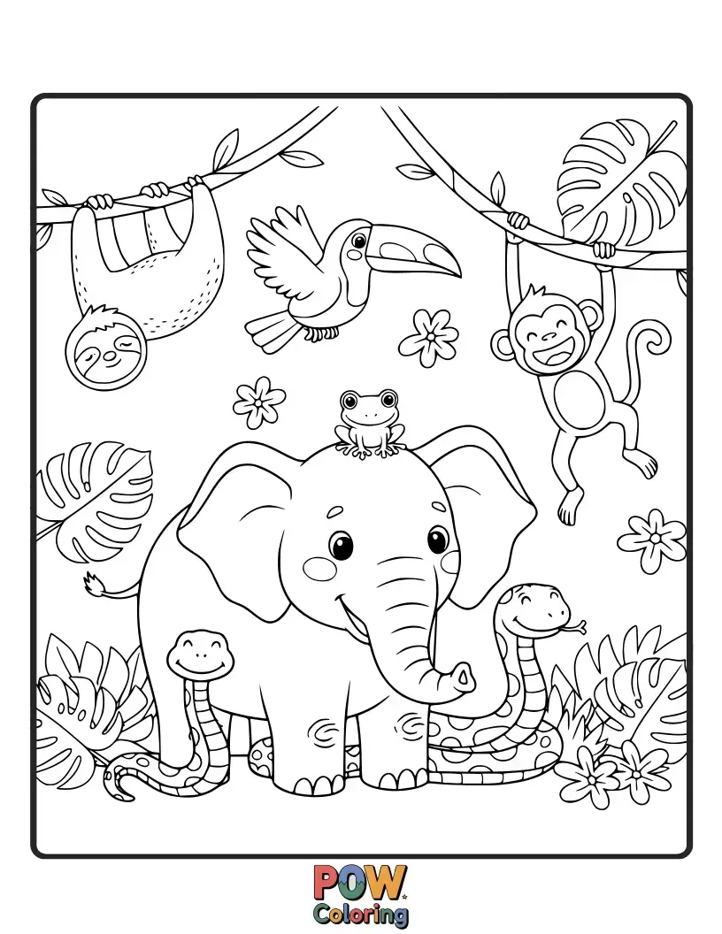 Free coloring page of A colorful parrot and a sly snake exploring the vibrant, exotic flora of the rainforest.