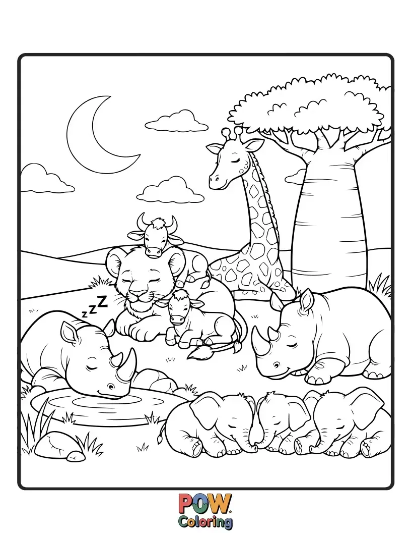 Free coloring page of A content lion and a munching elephant enjoying a peaceful nap under the acacia trees.