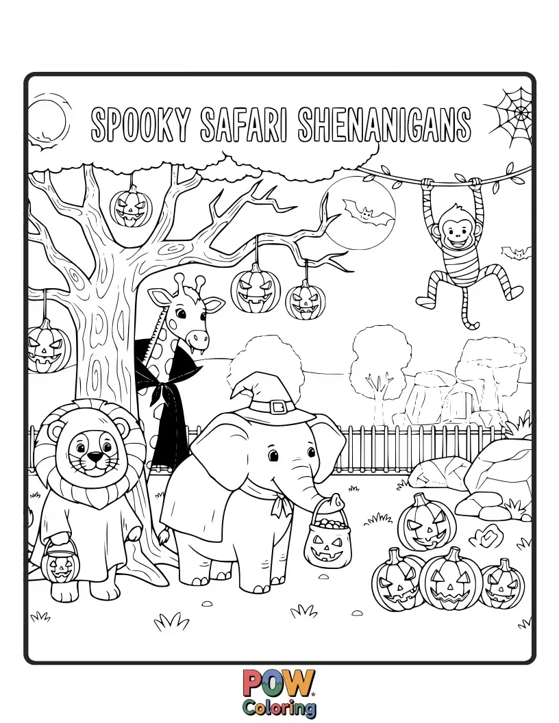 Free coloring page of A friendly ghost bat and a giggling skeleton monkey having a fun, not-so-scary Halloween party.