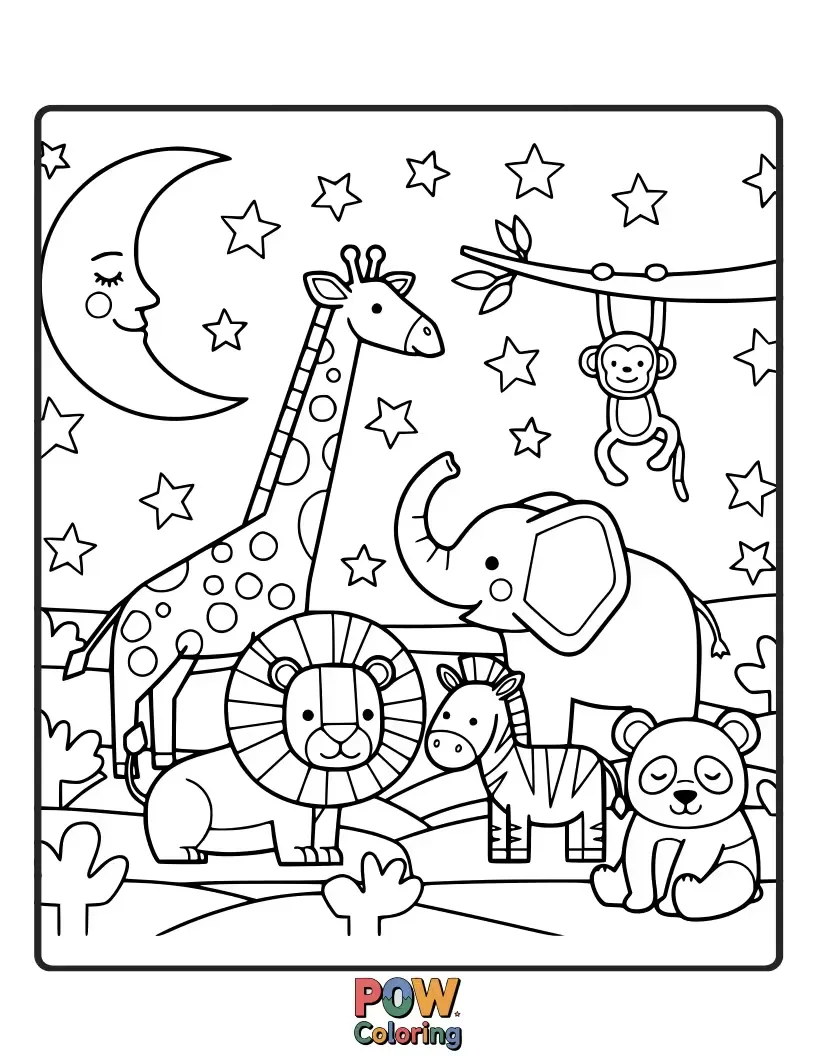 Free coloring page of A watchful owl and a dreaming tiger gazing at the twinkling stars in the night sky.