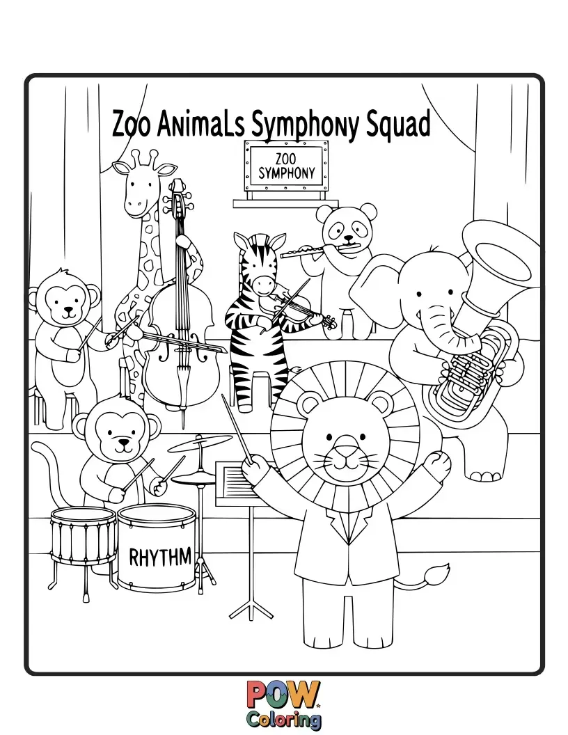 Free coloring page of Musical lions and hummingbirds playing instruments to create a joyous zoo orchestra.