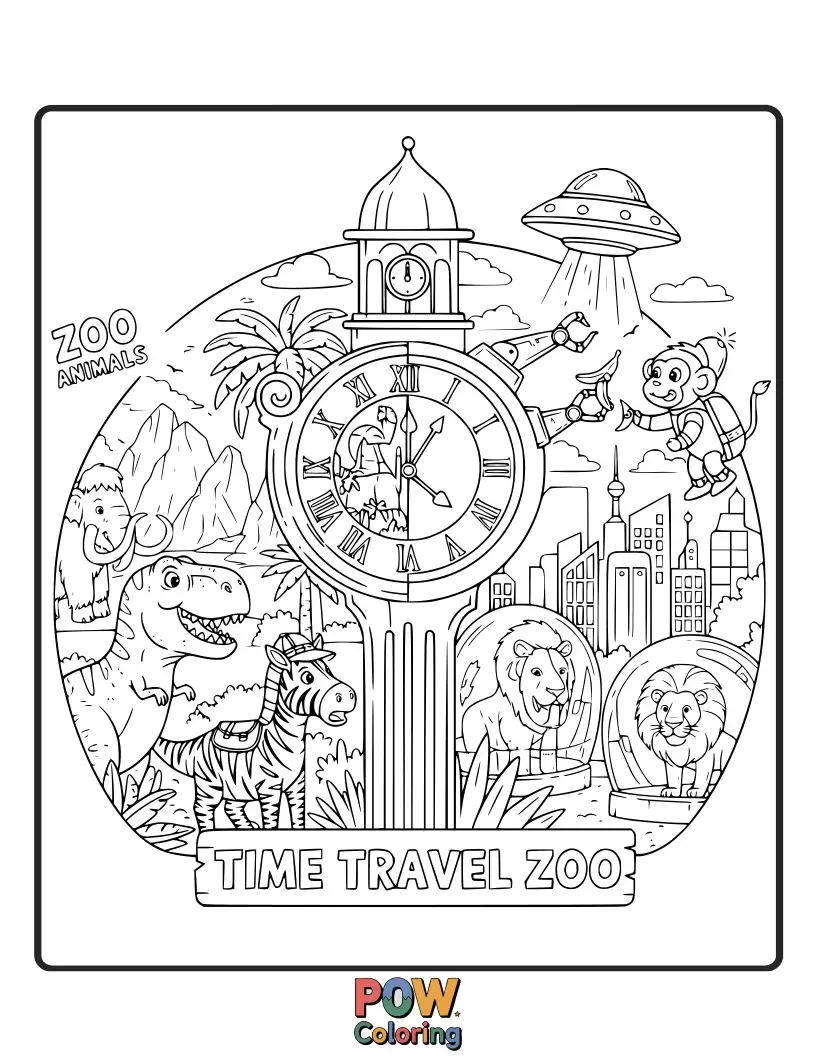 Free coloring page of A dapper dinosaur and a futuristic robot lion exploring different historical eras together.