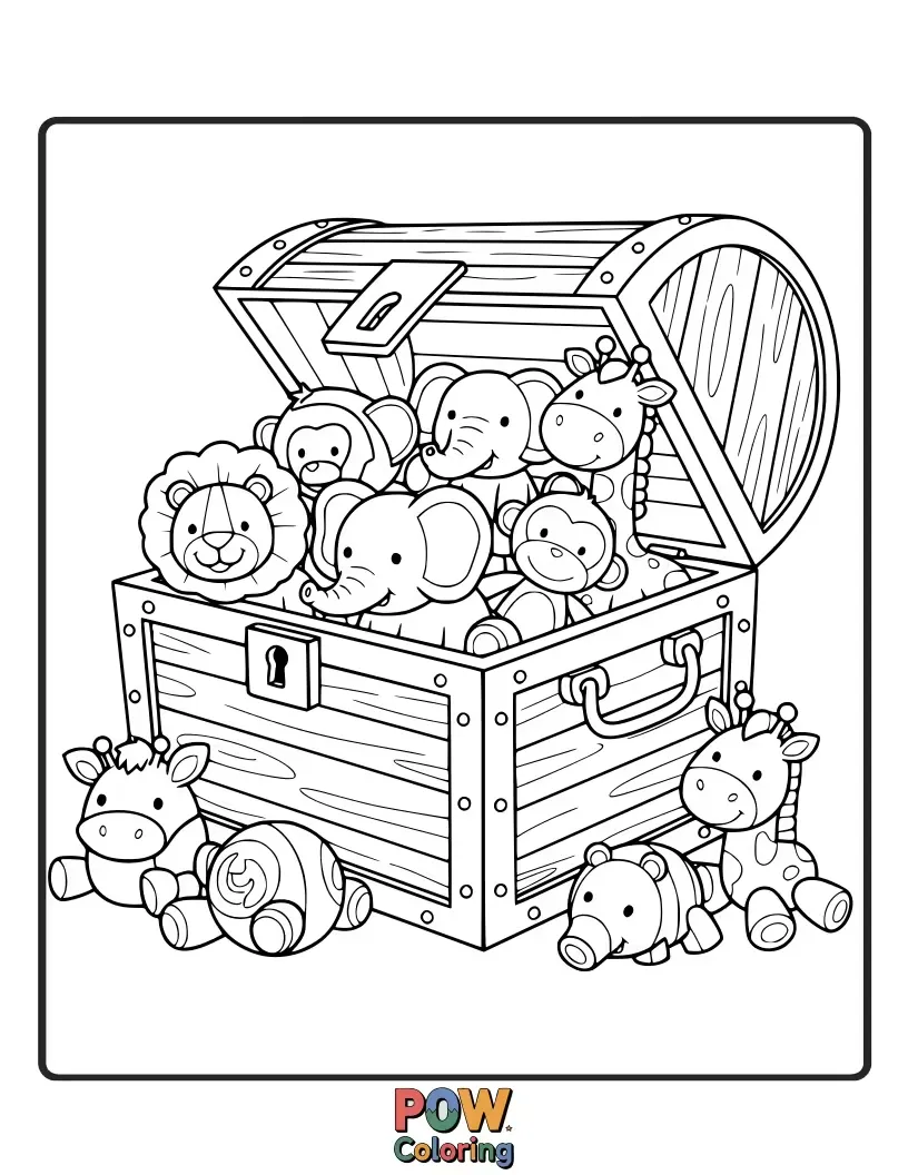 Free coloring page of A plush bear and a wind-up tiger playing amongst scattered, colorful toy blocks.