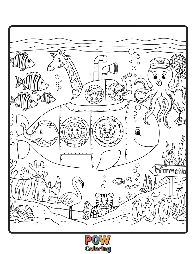 Free coloring page of A shy octopus and a cheerful clownfish exploring a coral reef filled with hidden treasures.