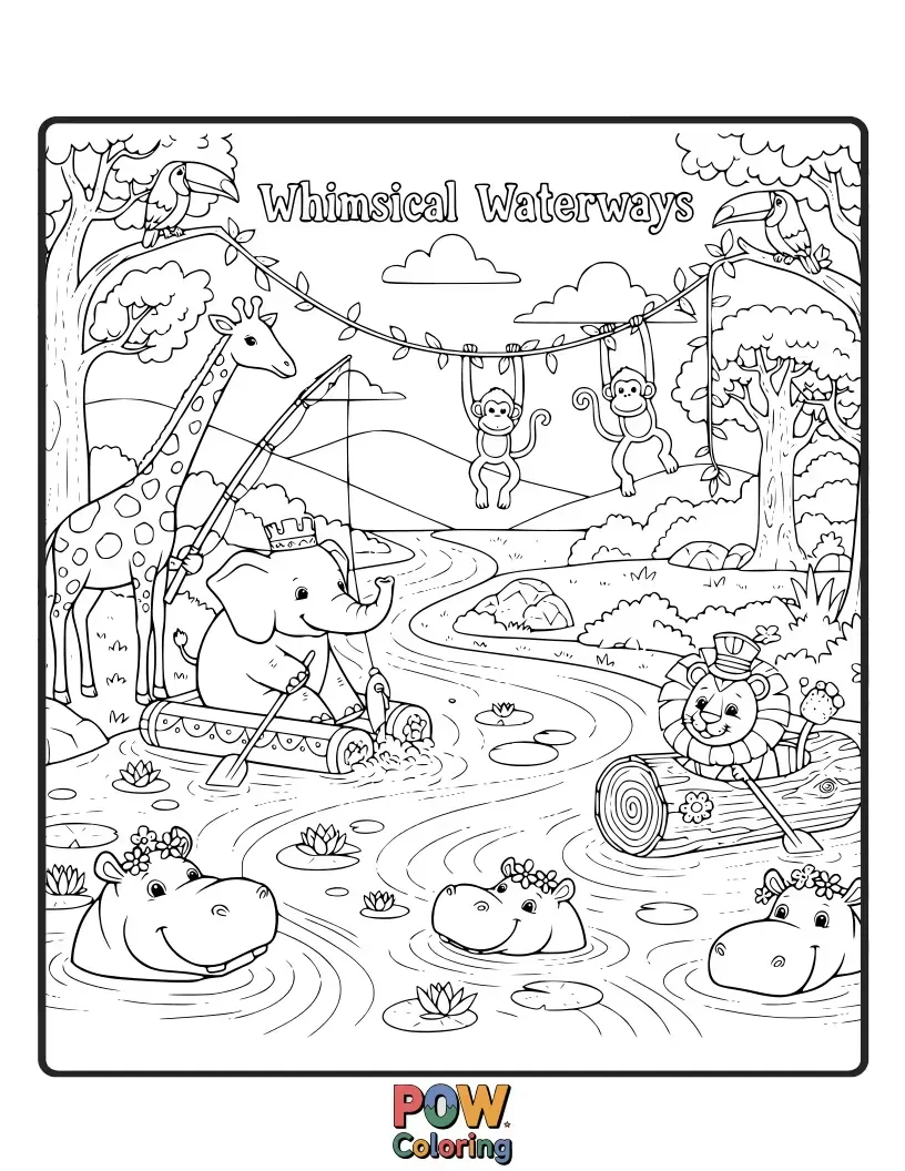 Free coloring page of A graceful swan and a friendly frog enjoying a serene boat ride on a lily-pad river.